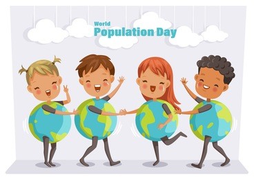 world population day. four cute children in mascot orb. performed on stage at school. common activities of boys and girls. group child on stage. cartoon vector illustration isolated white background.