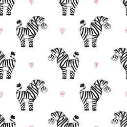 animals background for kids. vector seamless pattern with doodle cute zebra and hearts. children's wallpaper. 