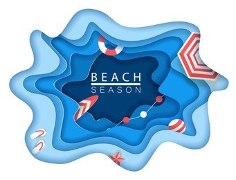 tropical beach in paper art style. vector top view paper cut illustration. summer holiday concept poster template.  craft origami.