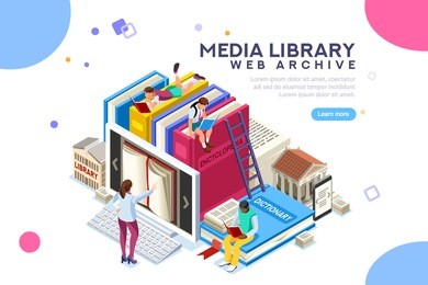 dictionary, library of encyclopedia or web archive. technology and literature, digital culture on media library. clipart sticker icon for web banner. flat isometric people images, vector illustration.