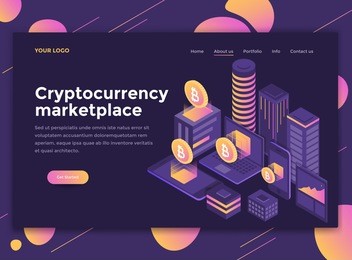 modern flat design isometric concept of cryptocurrency marketplace for website and mobile website. landing page template, dark theme. easy to edit and customize. vector illustration
