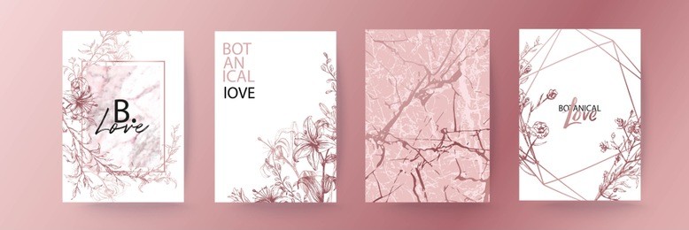 rose gold marble texture card. floral, lilies bouquet wedding invitation design. geometric frame. grunge texture. brochure, cover template.