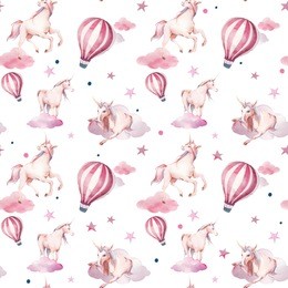 watercolor unicorn, clouds, polka dots and hot air balloon seamless pattern. hand painted fairytale texture on white background. cartoon baby wallpaper design