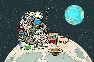 poor hungry astronaut on the moon. pop art retro vector illustration vintage kitsch drawing
