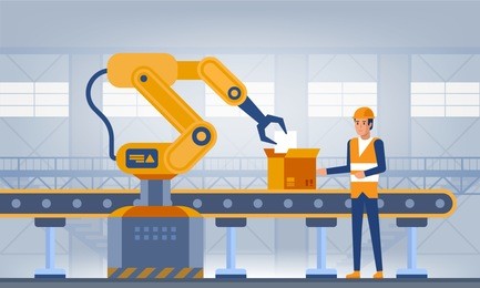 industry 4.0 smart factory concept. workers, robot arms and assembly line. technology vector illustration