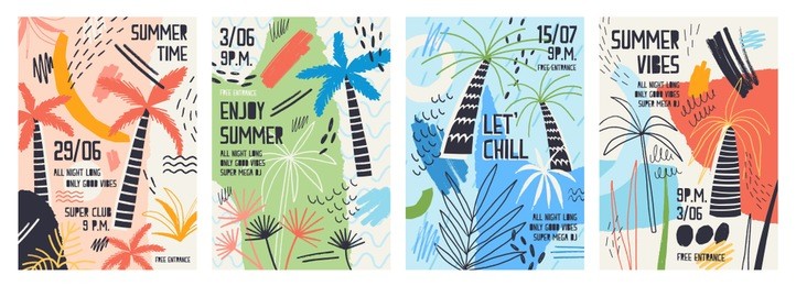collection of invitation or poster templates decorated with tropical palm trees, paint stains, blots and scribble for summer open air dance party. vector illustration for summertime event promotion