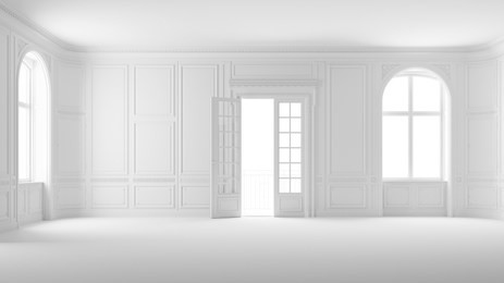 empty white room in old apartment with stucco and balcony (3d rendering)