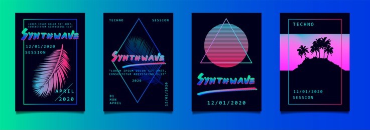 set of posters in vaporwave/synthwave style, neon aesthetics of 80s.