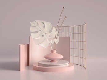 3d render, primitive shapes, abstract geometric background, cylinder podium, modern minimalistic mock up, template, rose gold metal grid, palm leaf, showcase, shop display, blush pink pastel colors