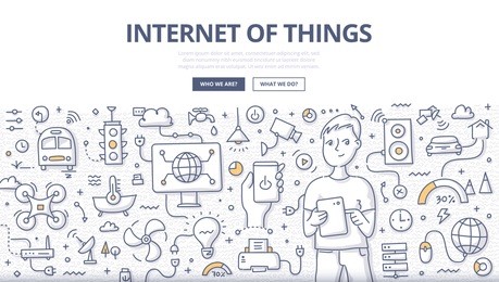 doodle vector illustration of a man using tablet to control various devices. internet of things & home automation technology. iot concept for web banners, hero images, printed materials