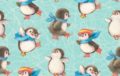 seamless pattern with cute penguins on skates. hand-drawn drawing with markers. drawing in watercolor and ink. 