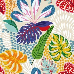 cartoon illustrations. abstract color tropical leaves flowers seamless sand background. trendy pattern vector composition