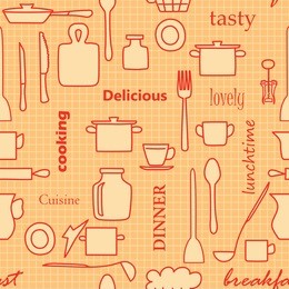 orange and red kitchenware and words - seamless pattern with silhouettes