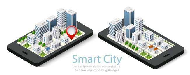 3d map isometric city of mobile navigator of location sign on street direction. concept illustration of technology navigation for travel and business background.