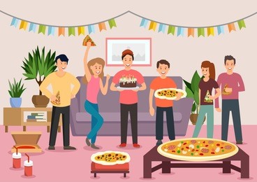 cartoon group of cheerful people eating pizza at birthday party. celebration. vector illustration. clipart. flat style.