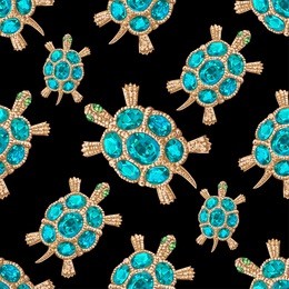 jewelry in the form of a turtle with blue stones. seamless pattern. 