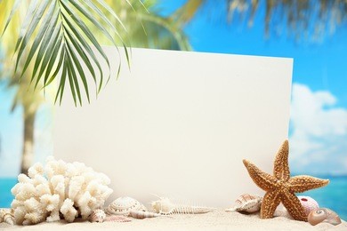 blank paper card and seashells on sand beach.