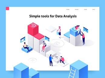 people interacting with charts and analysing statistics and data. landing page template. 3d isometric vector illustration.