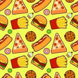 vector seamless pattern with american fast food. fun and bright colorful background. wallpaper with an image tasty foot.