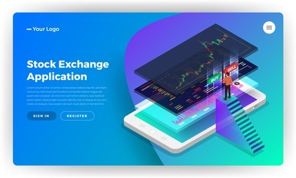 mockup landing page website design concept stock exchange mobile application. isometric vector illustrations.