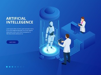 isometric robot with artificial intelligence. robot cybernetic organism works with a virtual hud interface in augmented reality. future concept.