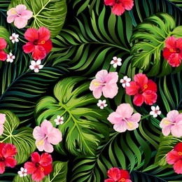 tropical vector seamless background. jungle pattern with flowers, monstera and palm leaves. stock vector.