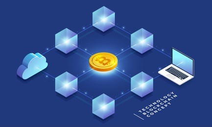 flat design concept blockchain and cryptocurrency technology. composition for layout design website banner. isometric vector illustration.