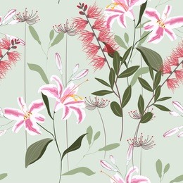 tropical plants, royal lilies flowers and leaves seamless pattern on a light mint background. vector illustration.