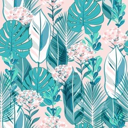 soft pastel  botanical jungle leaves pattern, tropical seamless, hydenyear flower for fashion fabric and all prints on sweet pink background in vector