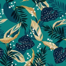 beautiful tropical leaves. seamless graphic design with palms leaves and flowers. fashion,fabric and all prints on stylish green background