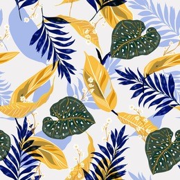 summer and trendy tropical leaves. seamless graphic design with palms leaves and flowers. fashion,fabric and all prints on stylishlight blue background