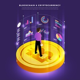 flat design concept blockchain and cryptocurrency technology. composition for layout design website banner. isometric vector illustration.