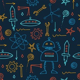 hand drawn robots seamless pattern. school board background. doodle vector.