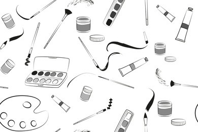 stationery seamless pattern, different types of brushes and paints, school and art stationery, seamless pattern of art supplies, can be used for background of website, notebook and other