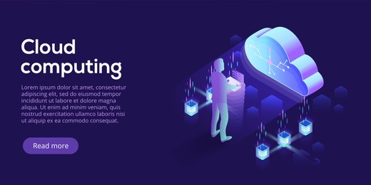 cloud computing or storage isometric vector illustration. 3d hosting servers or datacenter background. it network or mainframe infrastructure website header layout. computer system or workstation.