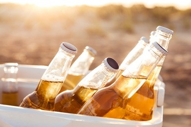 close up of beer bottles cooling in a fridge at the beach