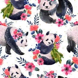 watercolor seamless pattern with pandas and flowers isolated on a white background. golden stars on the background. watercolor illustration.