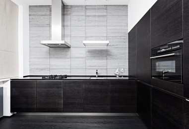 part of modern minimalism style kitchen interior in monochrome tones