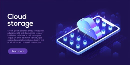 cloud storage and cellphone download isometric vector illustration. mobile gadget service or app with data transfering. online computing technology. 3d server and smartphone connection network.