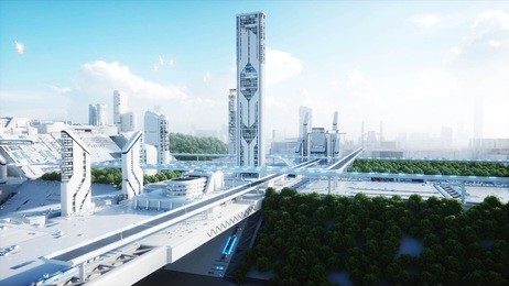 futuristic city, town. the concept of the future. aerial view. 3d rendering.