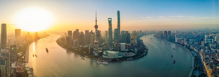 sunrise aerial panoramic view of lujiazui and huangpu river, shanghai