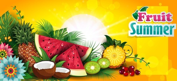 banner fruits summer tropical-editable-the text can be deleted and replaced with one's own-transparency blending effects and gradient mesh-eps 10
