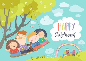 happy kids flying on a swing