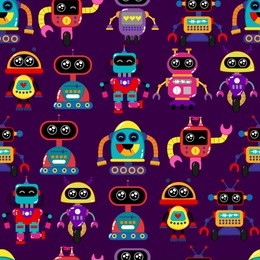a cute, small, friendly blue with a red robot, with antennas and wires, kind vintage eyes and comic style inscriptions. abstract seamless robot pattern for girls or boys. creative robot pattern