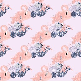 watercolor flamingo pattern. endless background with soft pink flamingo bird with king crown. hand drawn illustrations in repeatable fashion pattern.