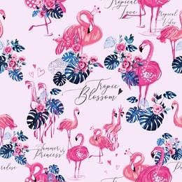 watercolor flamingo and monstera seamless pattern. vector background with exotic pink birds and tropical leaves, flowers. hand drawn illustration of flamingo.