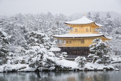 zen temple kinkakuji ( golden pavilion ) with snow fall in winter 2017. kinkakuji is one of kyoto’s leading temples and recognized by unesco as a world cultural heritage