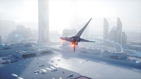 sci fi ship over futuristic fog city. aerial view. concept of future. 3d rendering.