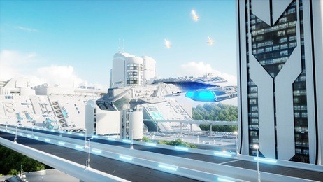 futuristic city, town. the concept of the future. aerial view. 3d rendering.