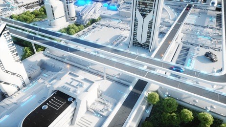 futuristic city, town. the concept of the future. aerial view. 3d rendering.